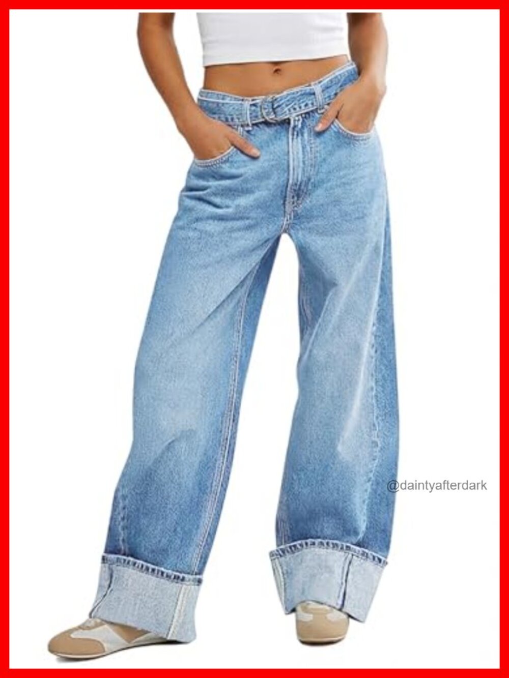 High Waisted Baggy Cuffed Jeans with Belt, Denim Pants, Straight Leg, Boyfriend